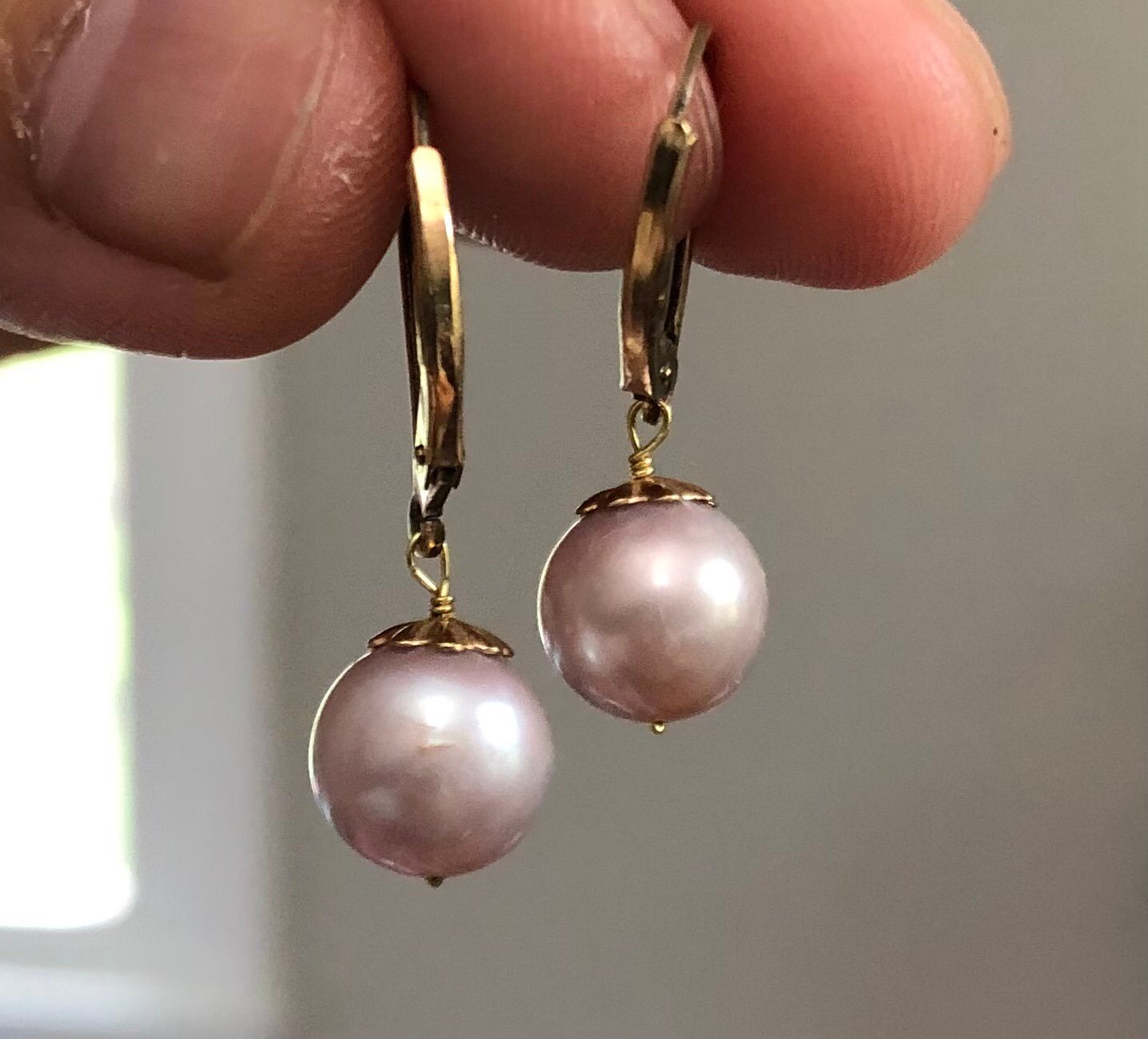 Handmade AAA 8.5mm pinkish purple pearl earrings on 14k GF lever back ear hook
