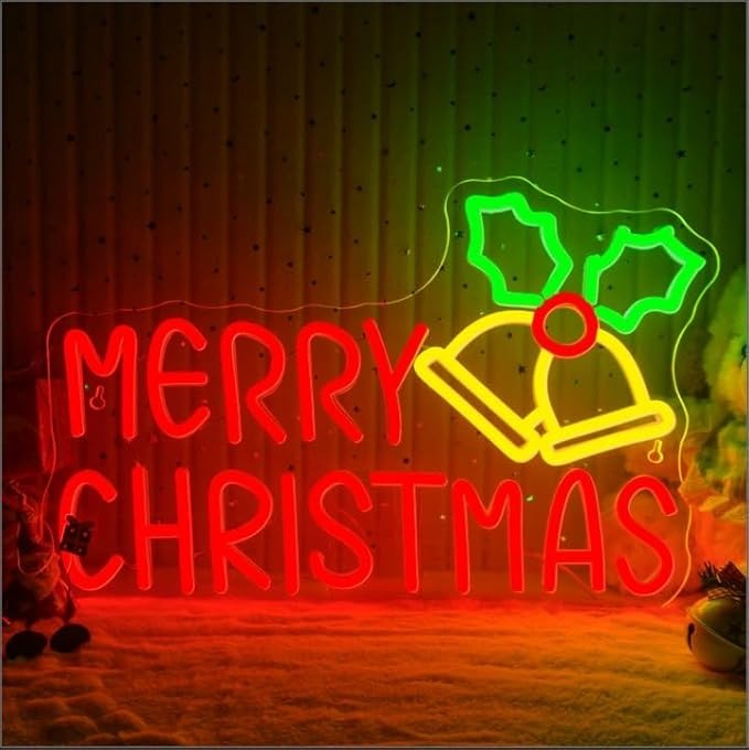 Merry Christmas Neon SignChristmas Bells Neon LightRed Led Signs for Wall Deco
