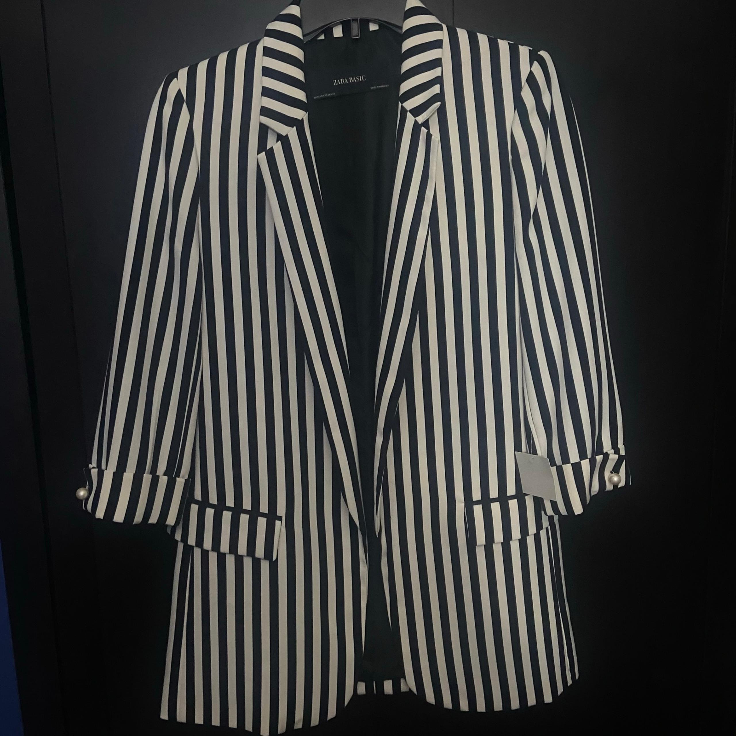 New ZARA Black & White Striped Long Stretch Blazer Jacket XS