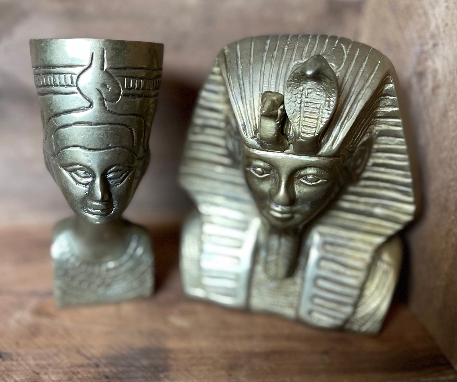 vtg Solid Brass King Tut & Nefertiti Bust