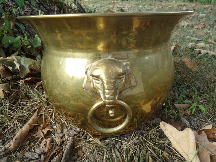 VTG Brass Pot Elephant Handle Rings Planter Asian BOHO Maximalist Patina