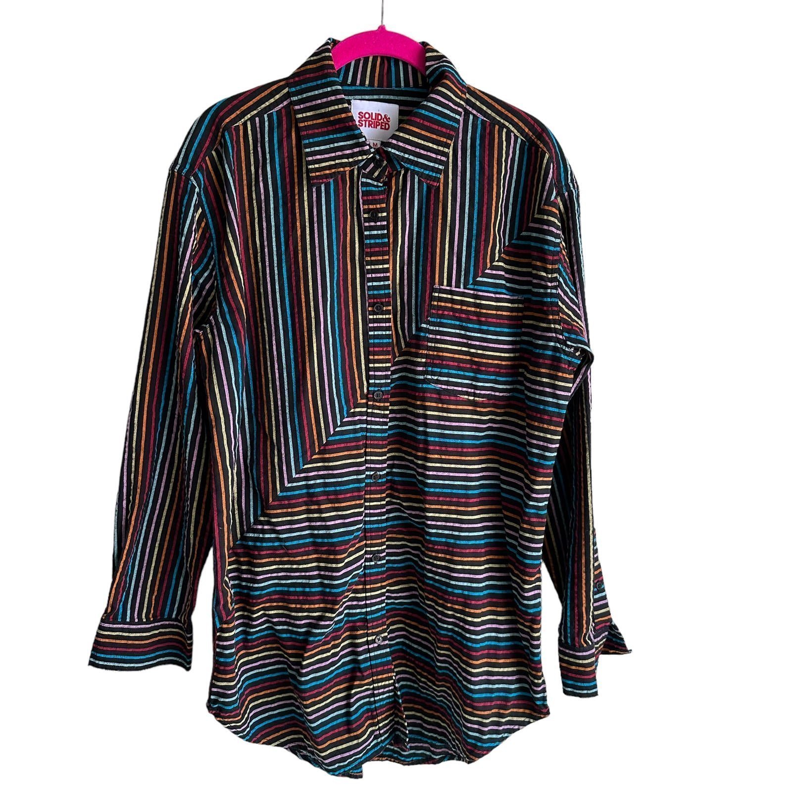SOLID & STRIPED The Oxford Tunic Black Rainbow Pinstripe Ladies Button Up, M