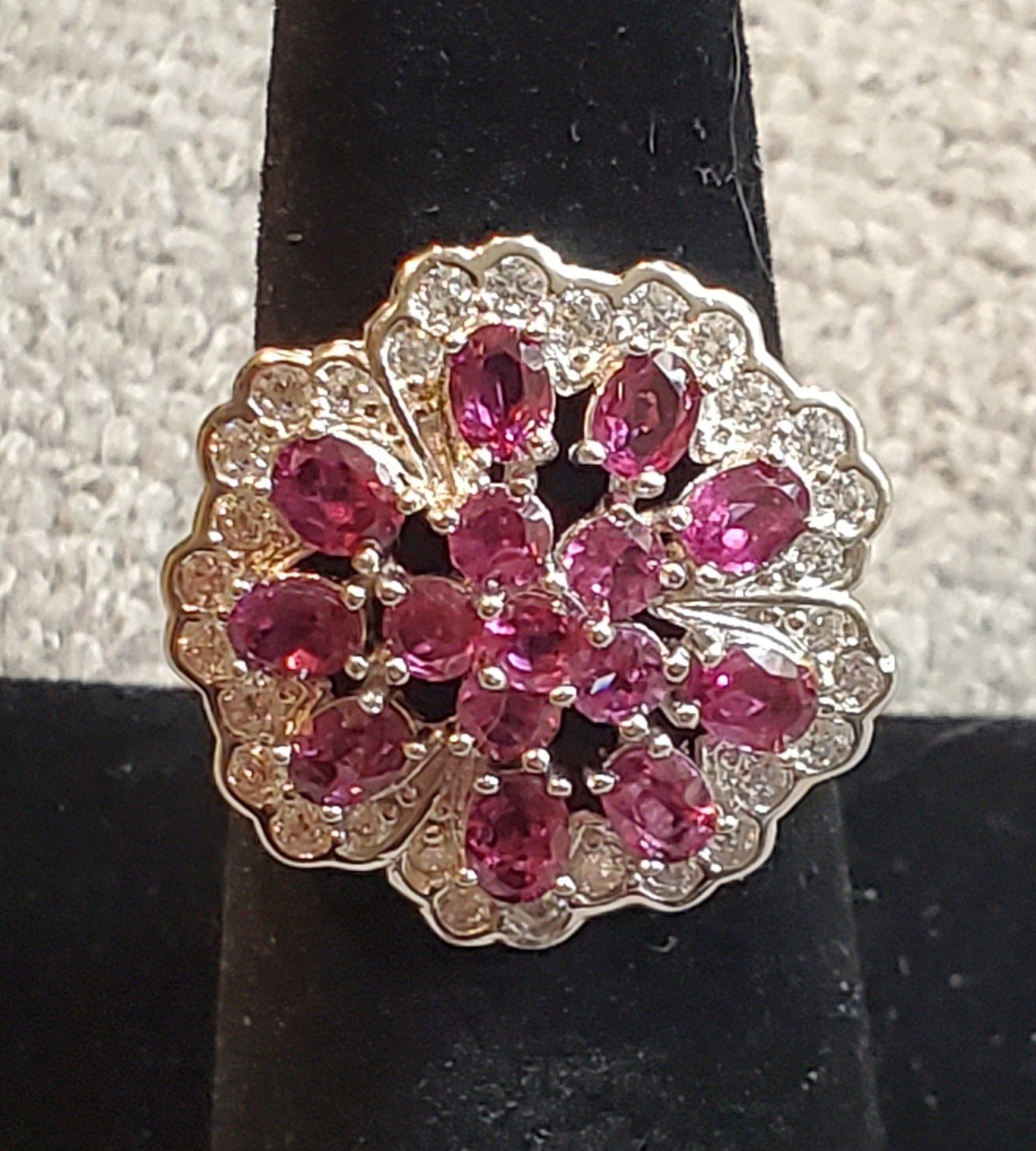 14k White Gold Sterling Silver 4x3mm Rhodolite Garnet CZ Statement Ring 7