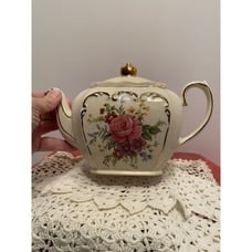 Vintage Sadler England Cube Teapot #2097 Rose Flowers Gold Trim