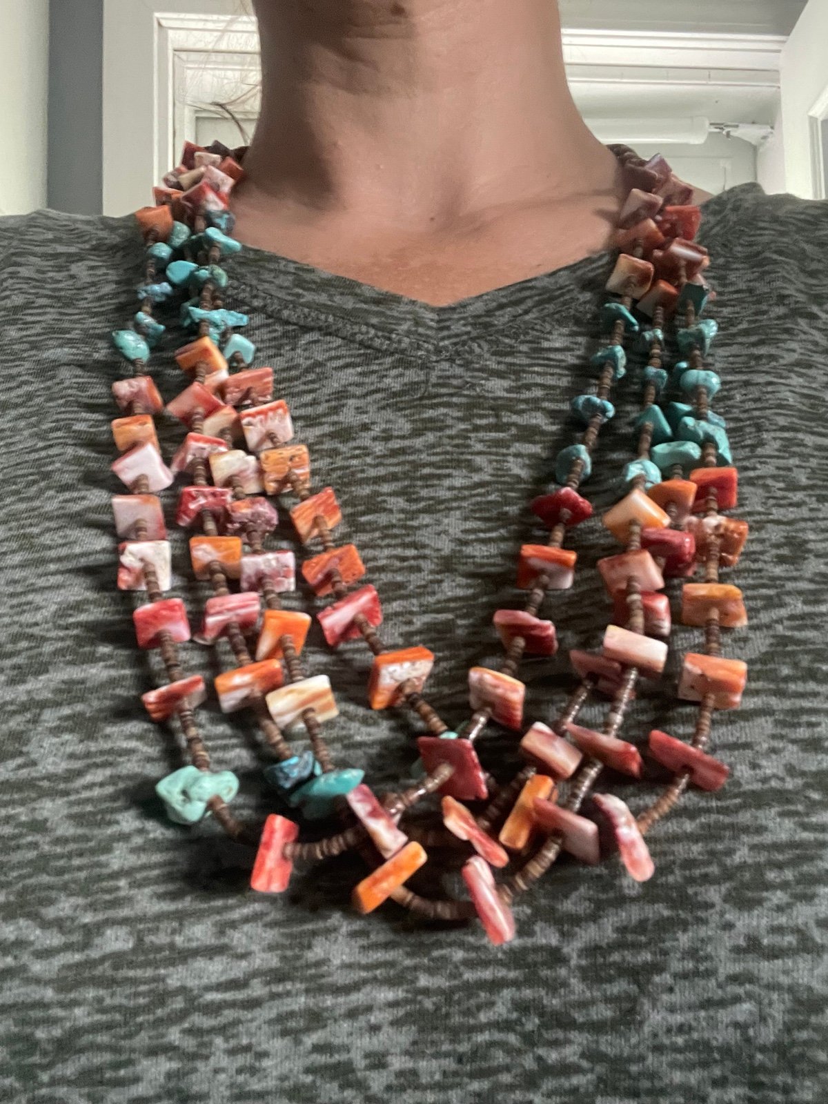 Gorgeous, vintage sterling silver Heishi coral turquoise necklace