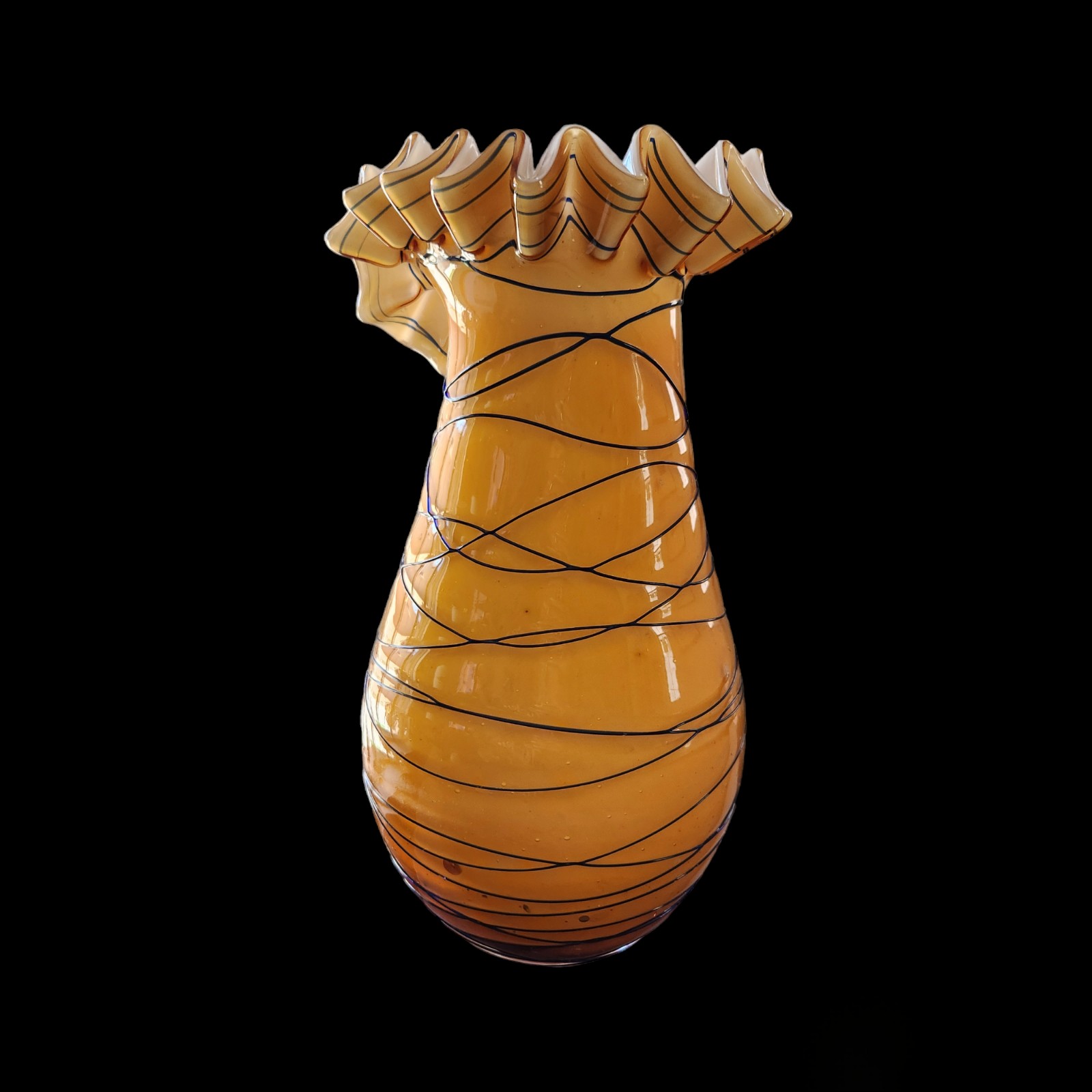 Vintage Murano Style Blown Butterscotch Amber Glass Ruffled Edge Art Vase 12