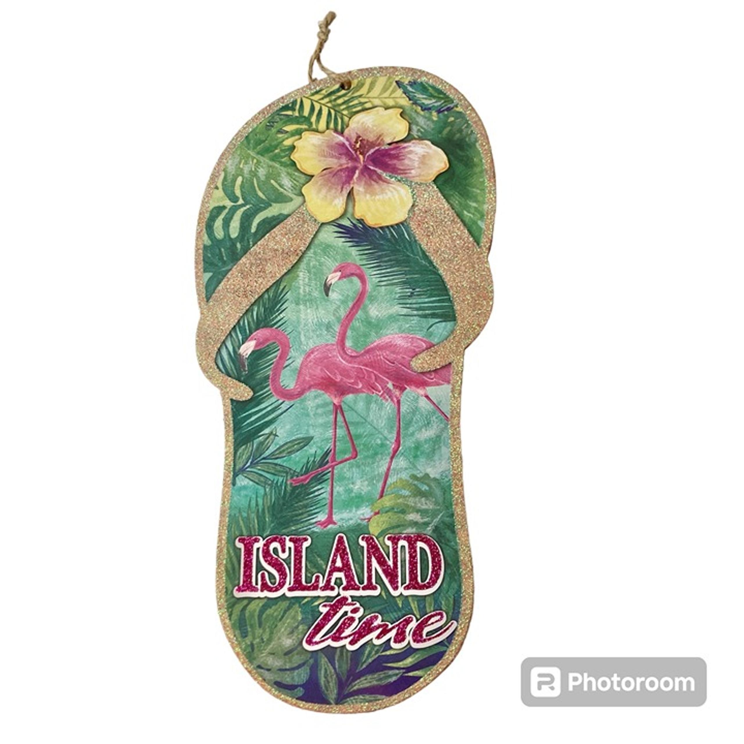 ISLAND TIME Tiki Bar Sign Wall Door Beach Decor Flamingos Flip Flop Hibiscus