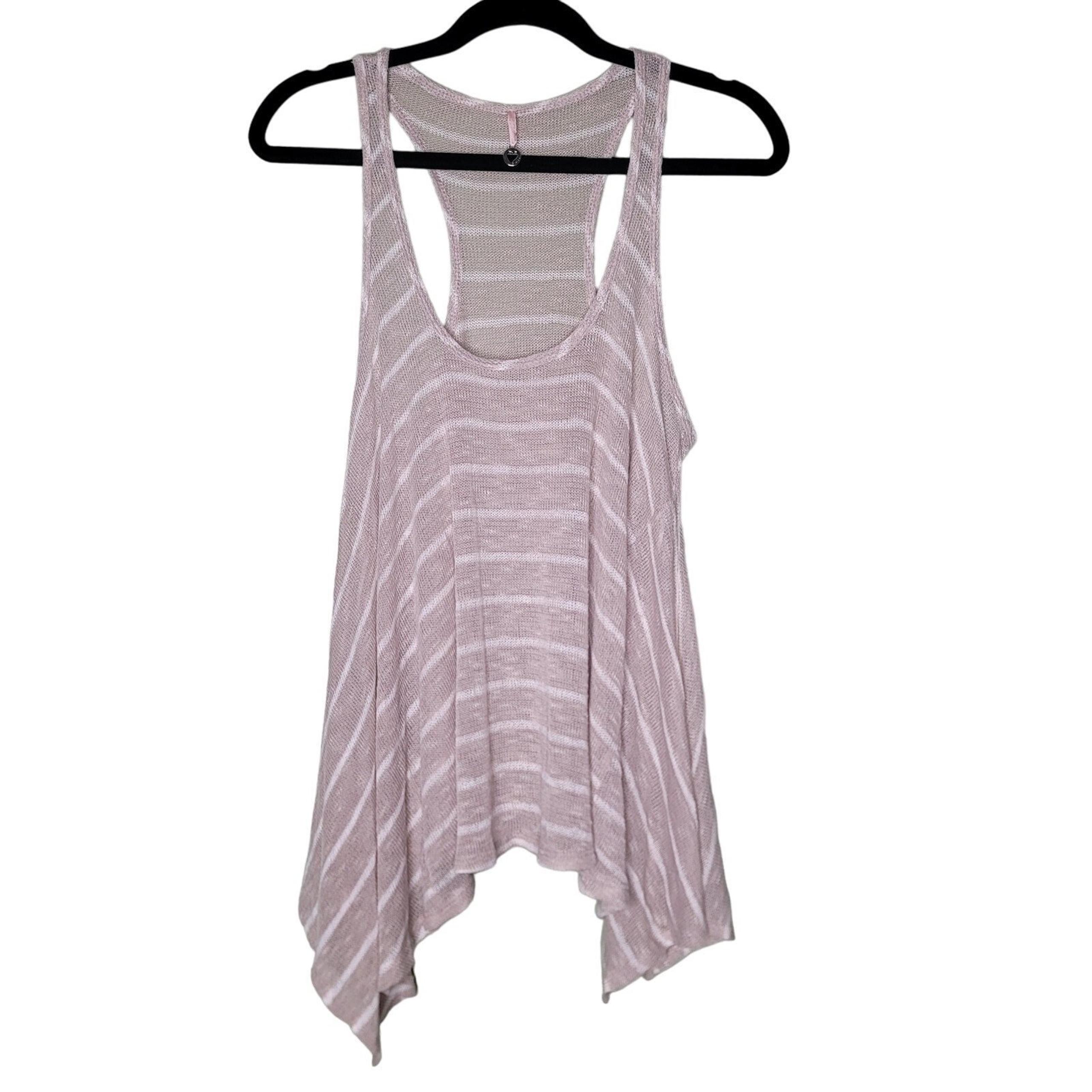 Robin K Gauzy Tank Top Small Tan White Lightweight Asymmetric Scoopneck Boho