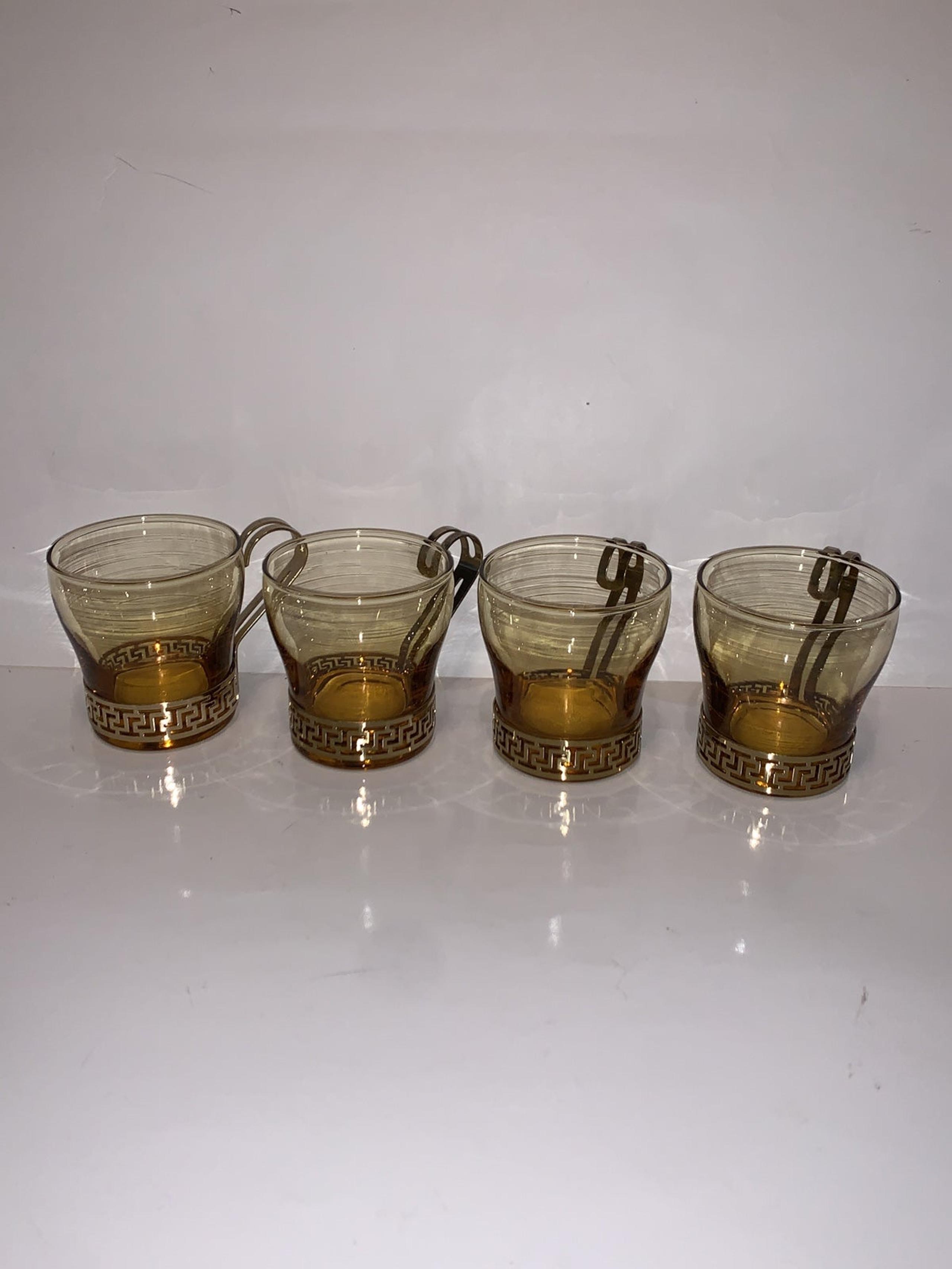 Vintage Set of Four Amber Clear Glass Cups with Brass Handles