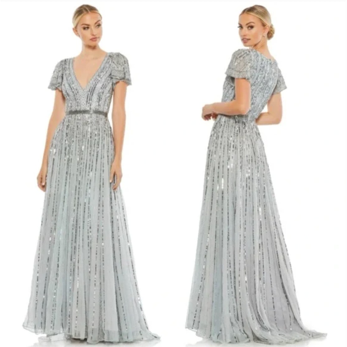 MAC DUGGAL 5444 Slate Blue Stripe Sequin V-Neck Gown Women's Size 4 NWT Beaded
