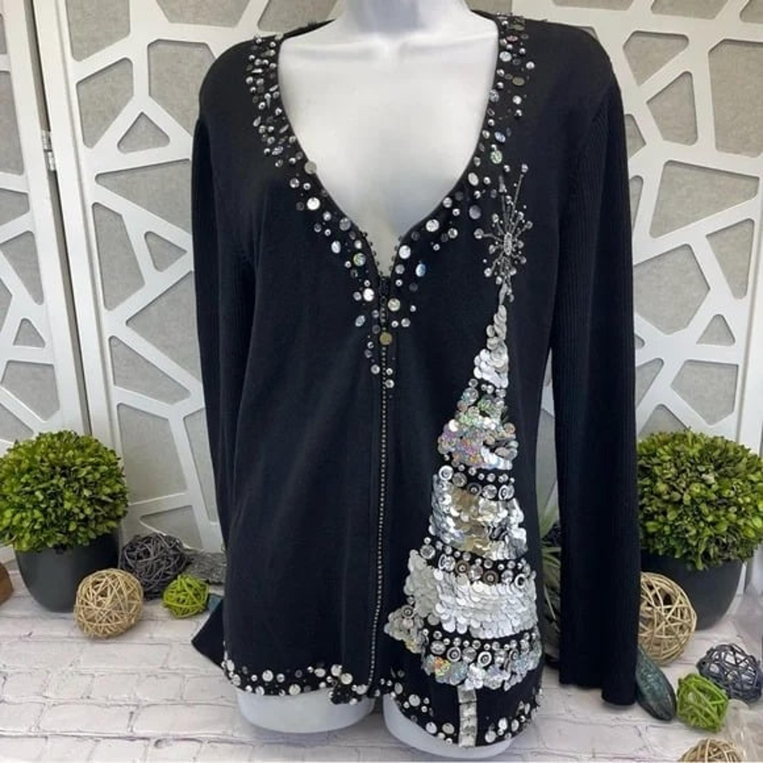 {jack b. quick} VTG Bedazzled Sequin Holiday Christmas Tree Zip Sweater Cardigan