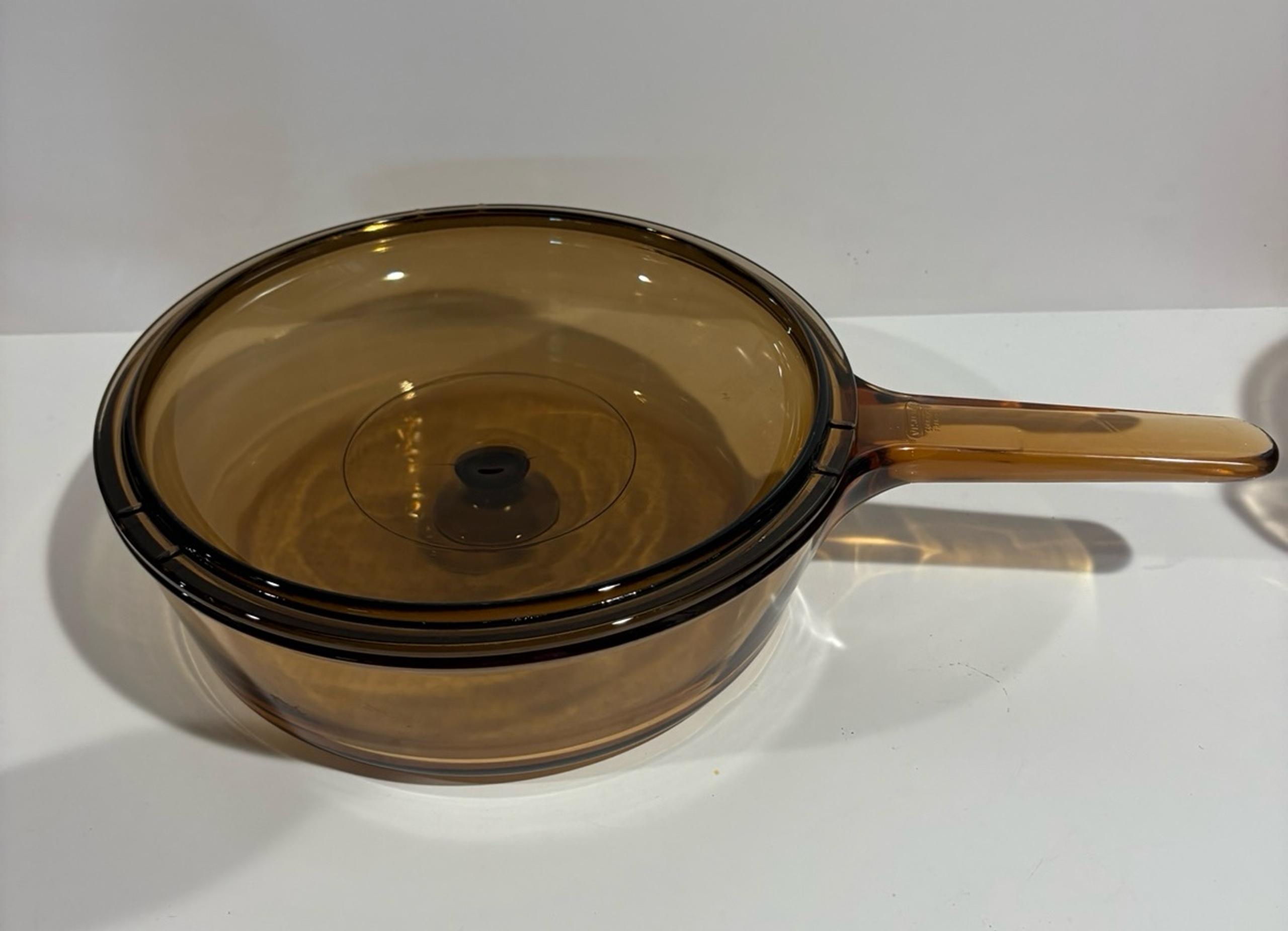 Corning Vision Ware Amber 10” Skillet Fry Pan Waffle Bottom Pyrex Lid France