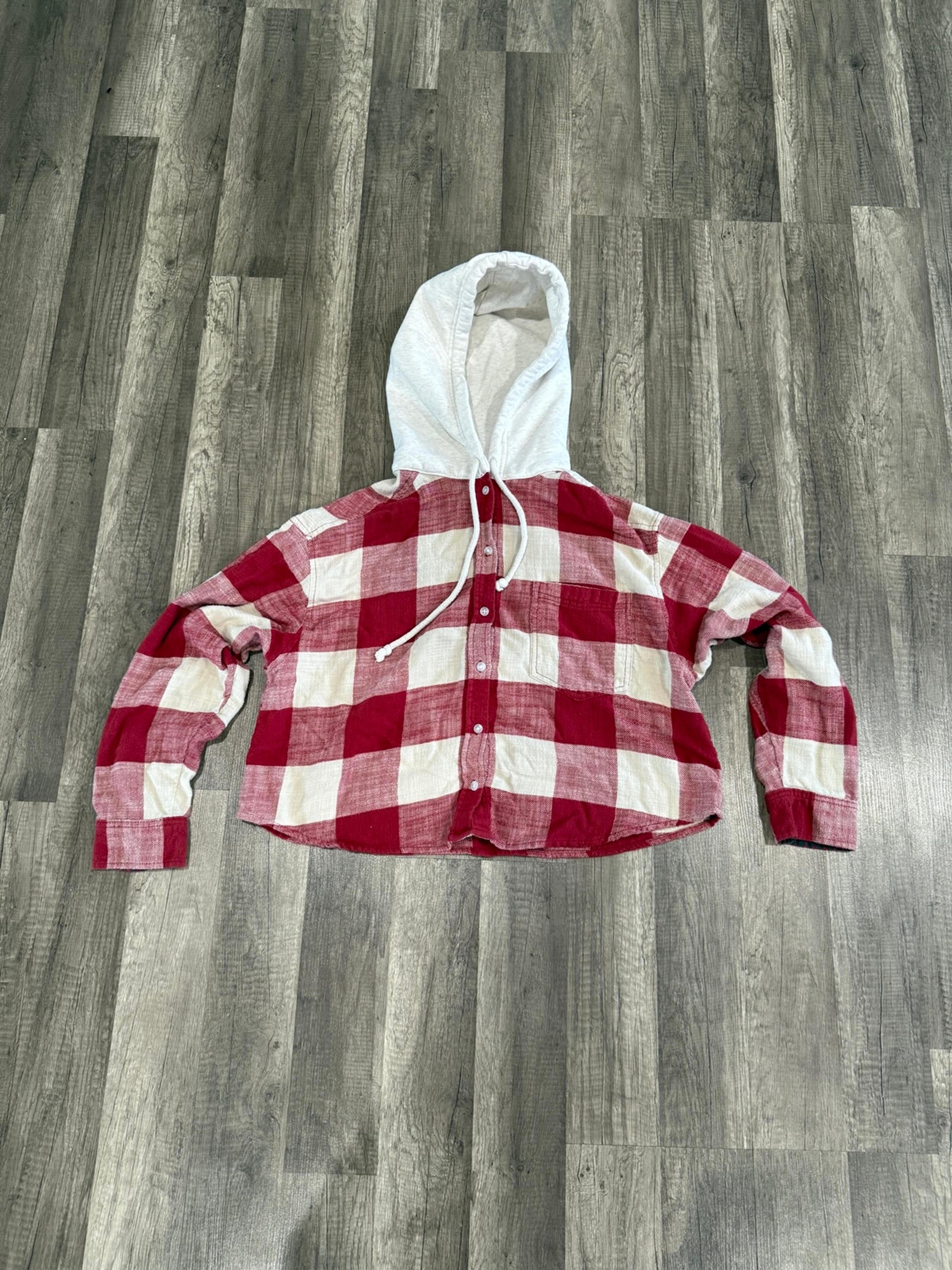 American Eagle Red & Tan Plaid Hoodie Flannel Size Large (L) Women’s Crop Top
