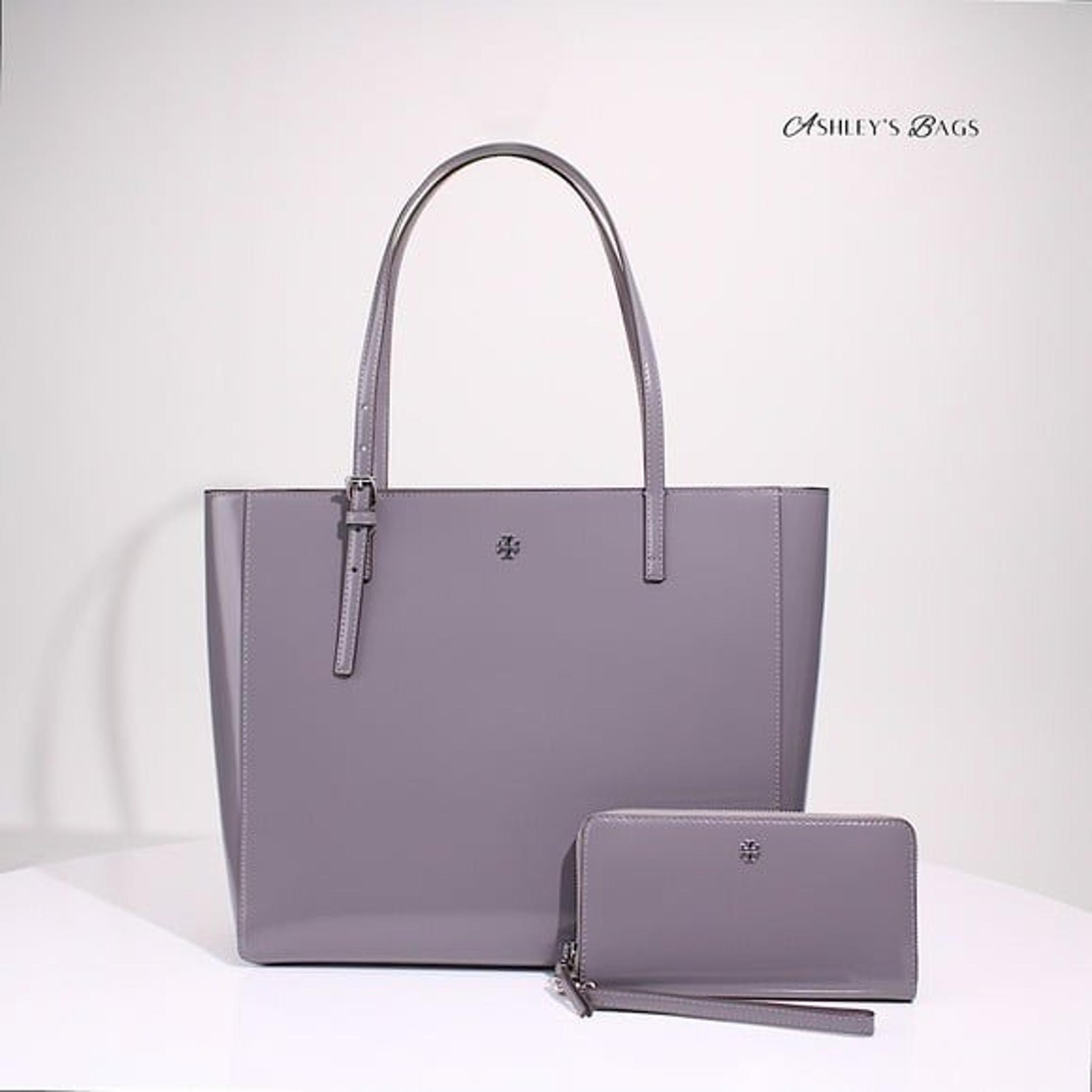Tory Burch Large Patent Leather Emerson Tote & Continental Wristlet Wallet Grey