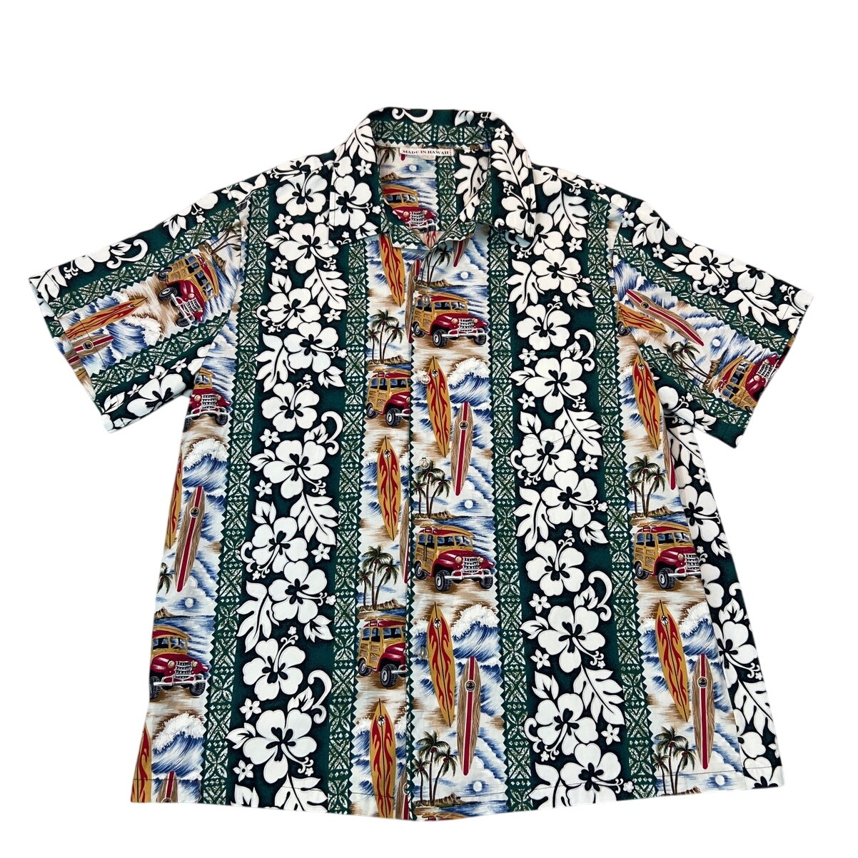 Vintage Hawaiian Surf Woody Hibiscus Button Down Vacation Shirt Size 3XL USA