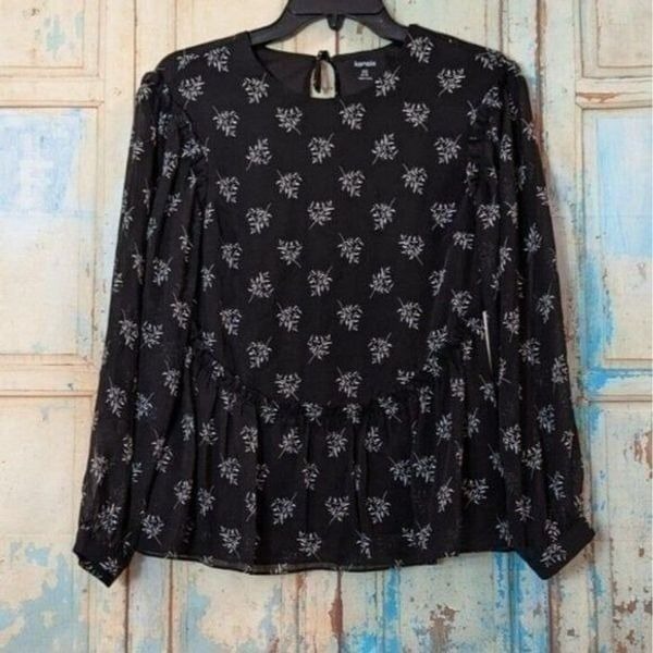 Kensie Womens Size XS Black Long Sleeve Floral Crew Neck Blouse Top KS0K4770