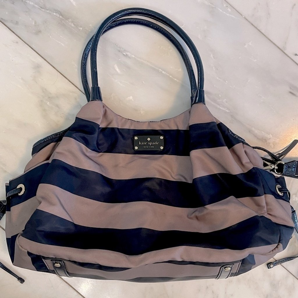 Kate Spade duffel travel tote bag, navy blue and gray/brown, approx 16x9”