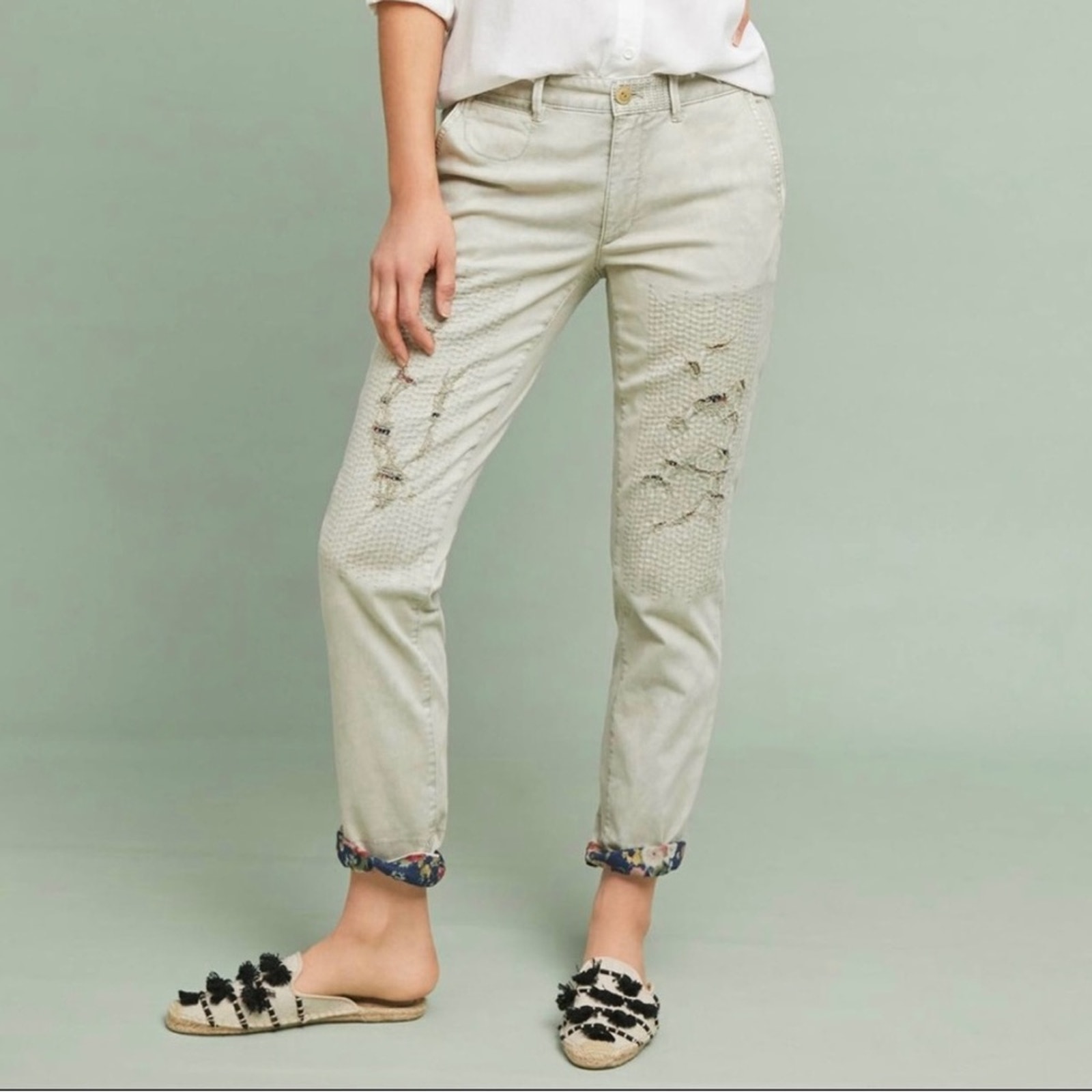 Chino Anthropologie Floral Cuff Boyfriend Relax Fit Cropped Pants
