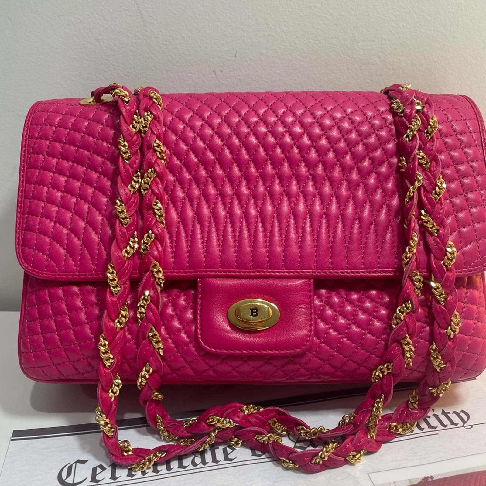 Authentic BALLY double flap leather hot pink shoulder bag with certificate