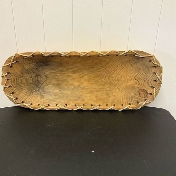 Vintage Handmade Carved Wooden Birch Bark Accent Bowl Tray Brown Lace Up Design