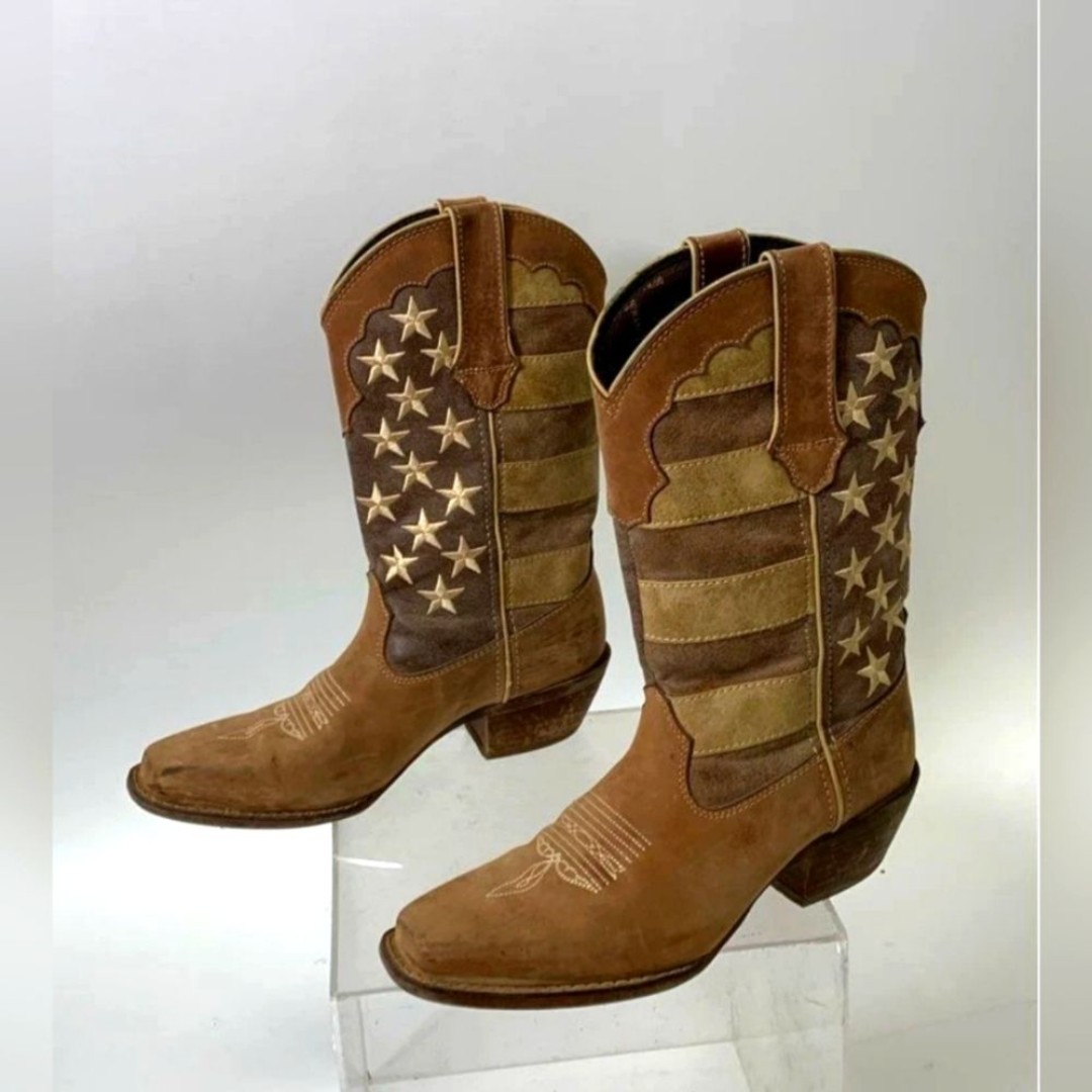Durango Beige and Brown Patriotic Flag Cowboy Cowgirl Western Boots Women 6.5