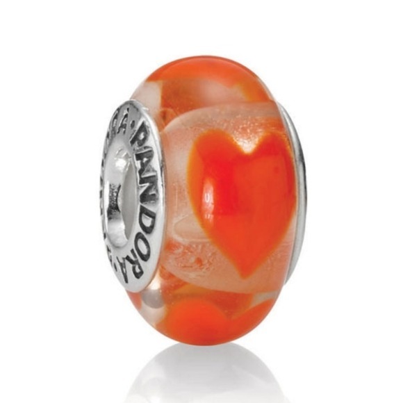 Pandora Retired Clear Murano Glass Bead with Orange Hearts - 790664