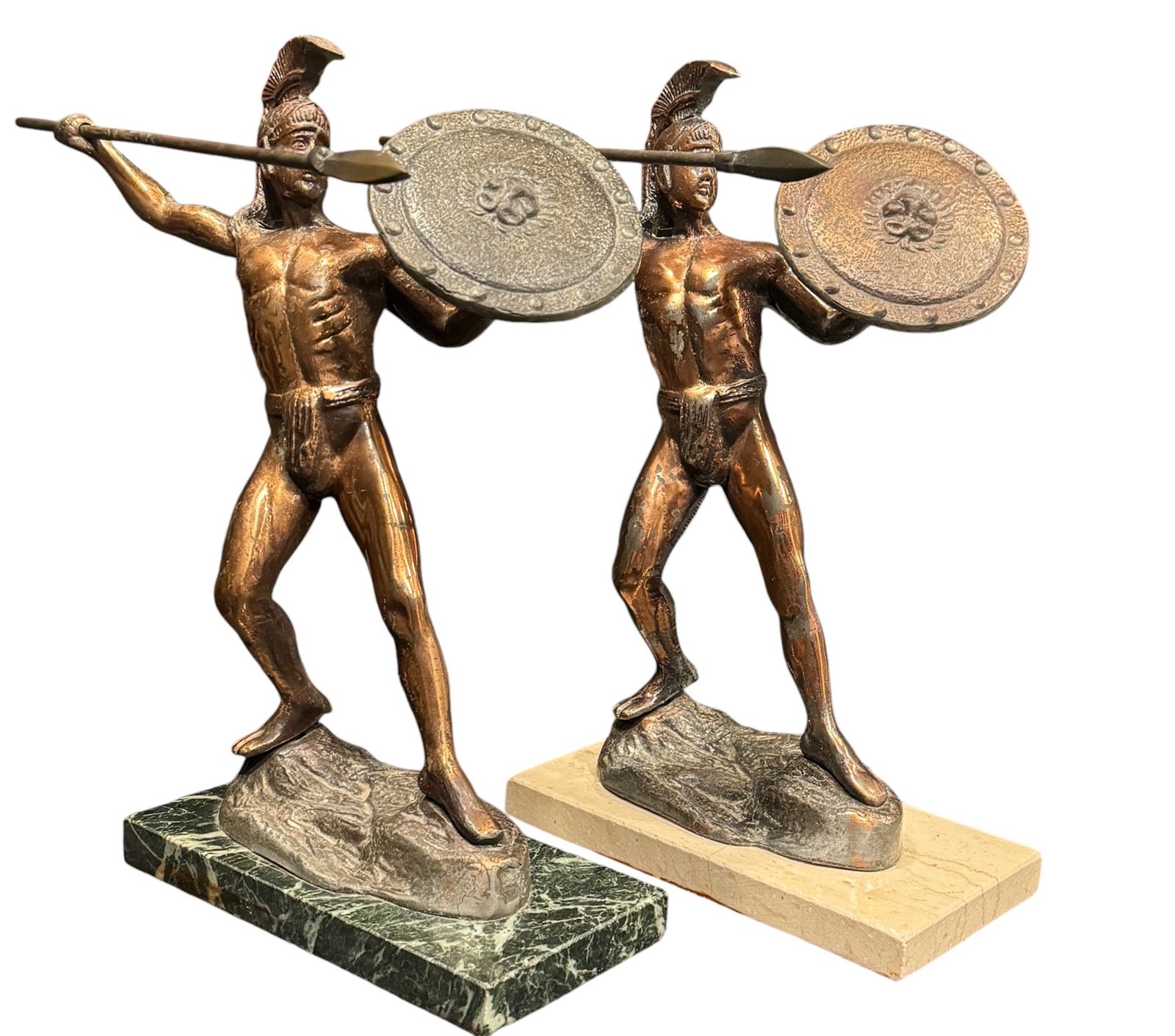 VTG LOT OF 2- LEONIDAS STATUES W/SPEARS & SHEILDS-GREECE-HEAVY--12”