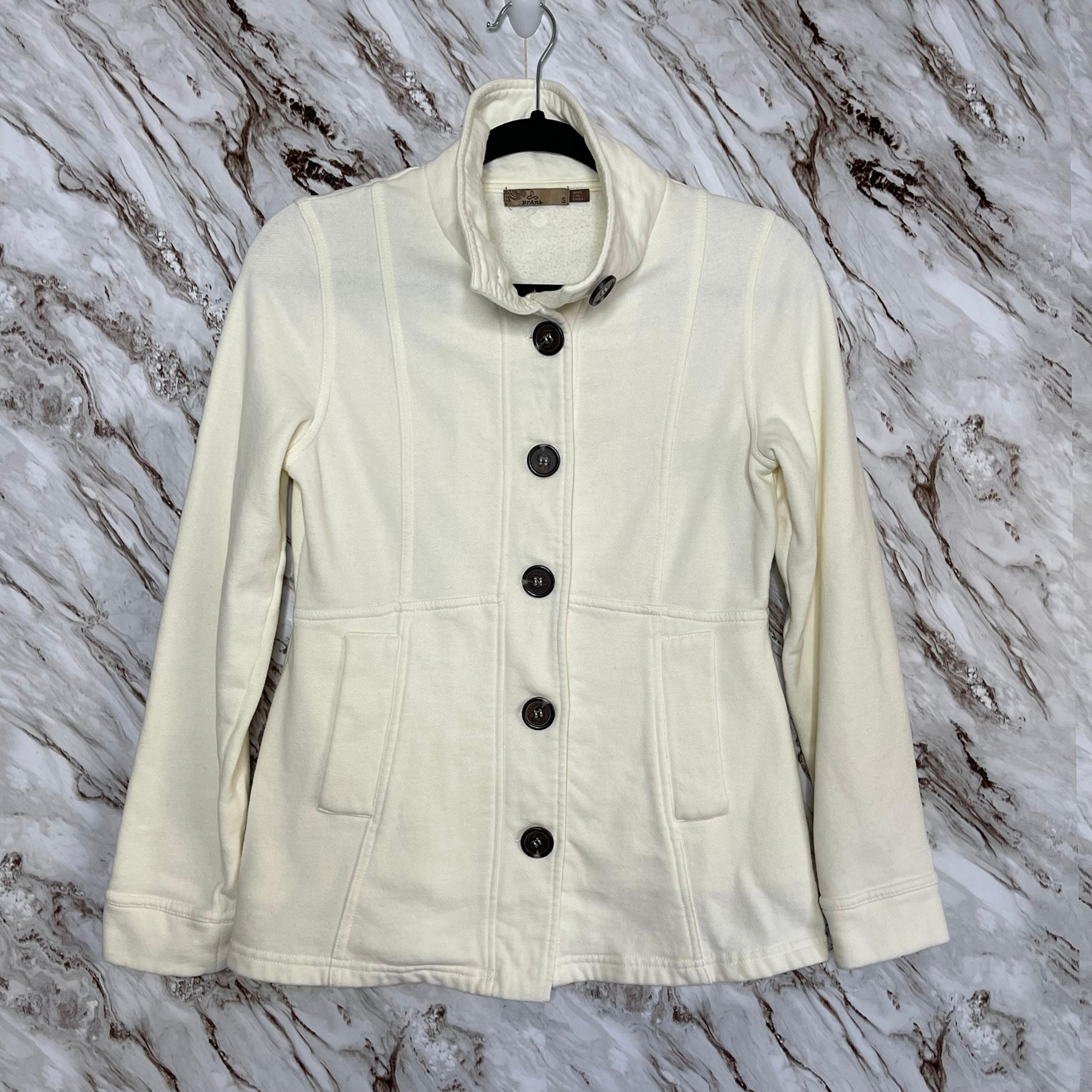 PrAna Cream soft cozy cushy Fleece cotton blend button up jacket Sz S Excellent