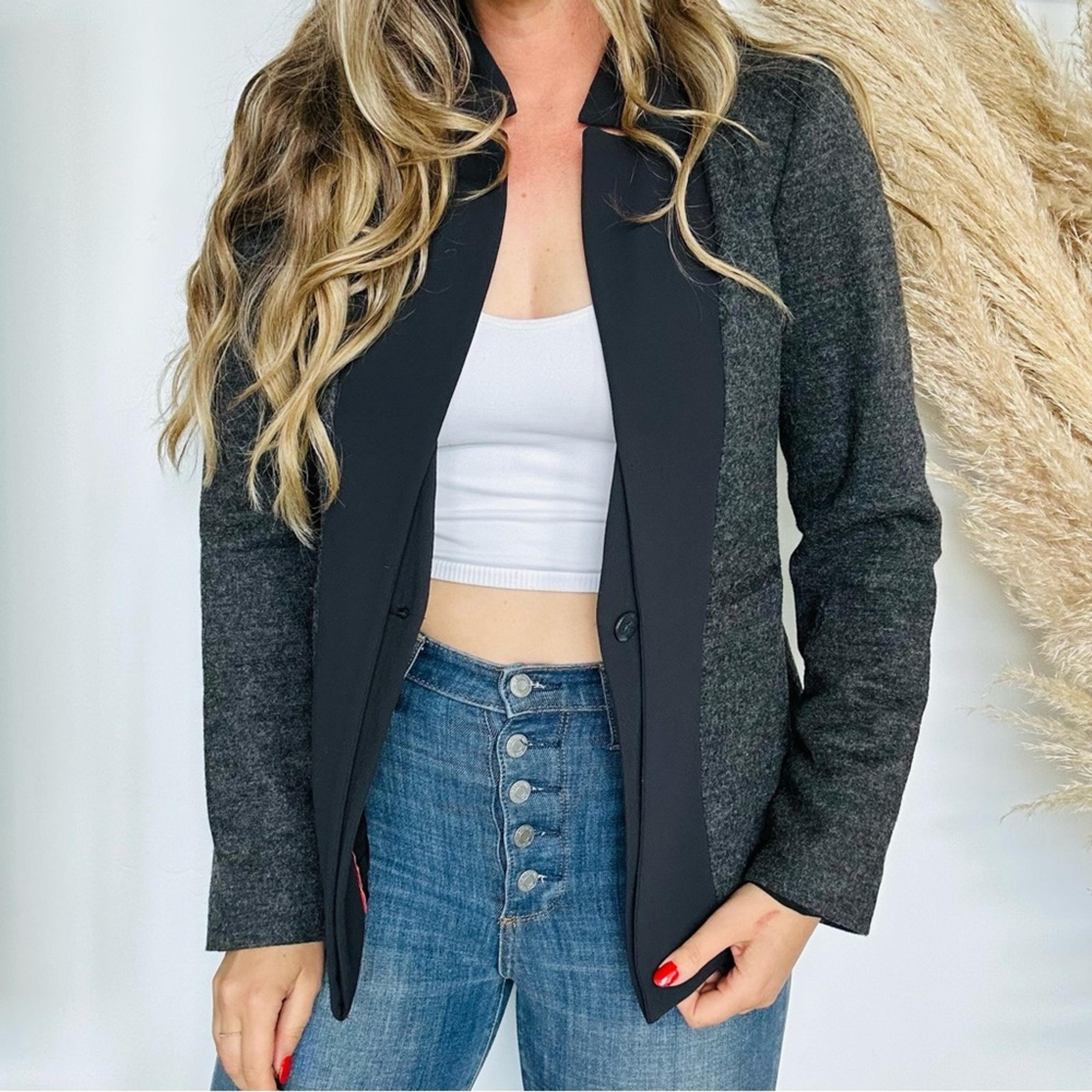 ANTHROPOLOGIE ELEVENSES Grey Felt Button Front Peplum Blazer Jacket 14 Black