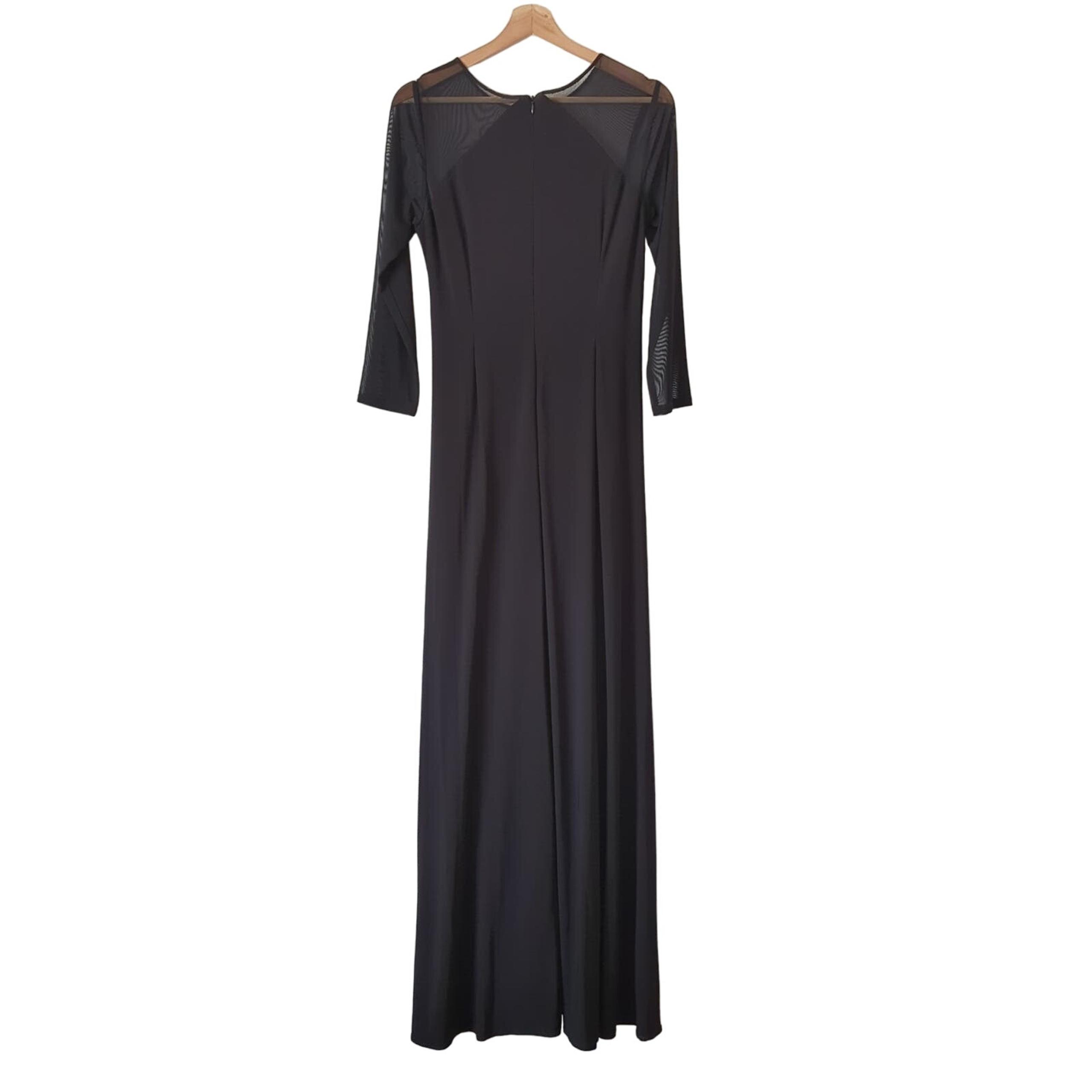 Adrianna Papell Womens Long Sleeve Sheer Mesh Black Floor Formal Event Dress 8
