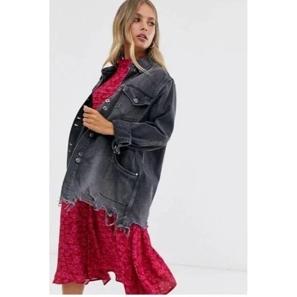 Free People Moonchild distressed Shirt Jacket denim jean Black oversized Sz XS