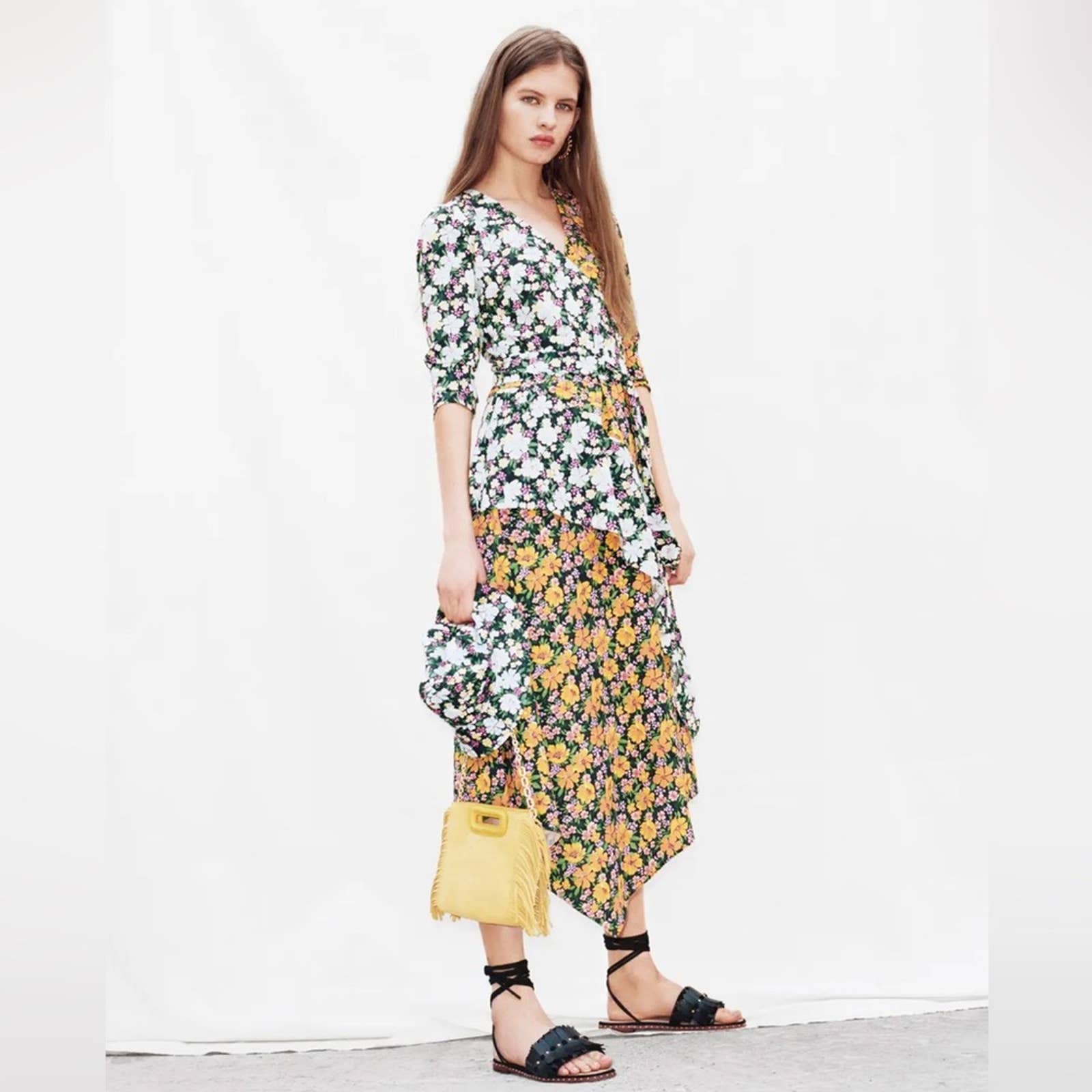 Maje Roen Floral Asymmetric Midi Dress NEW Size 1 US Size S