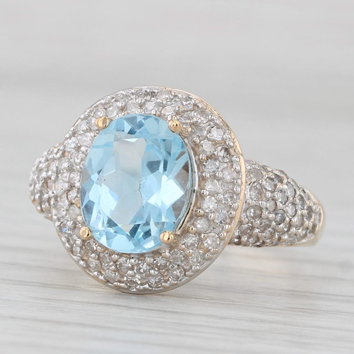 3.48ctw Blue Topaz Diamond Halo Ring 10k Yellow Gold Size 8