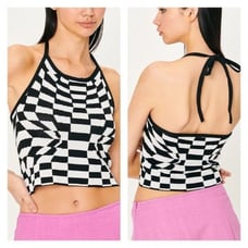 Storets Skyler Checkerboard Halter Top in Black and White