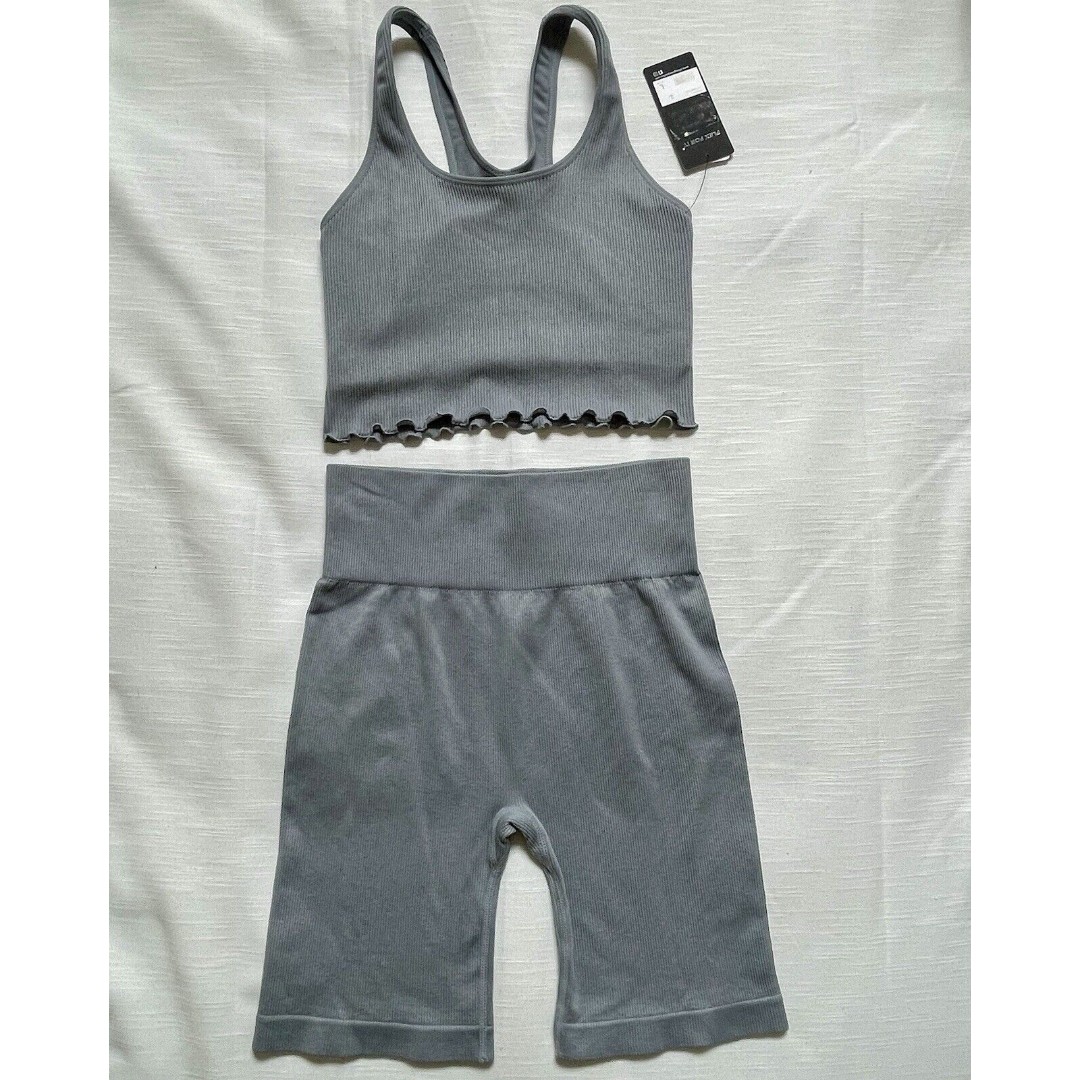 90 Degree By Reflex 2-Piece Ribbed High Rise Shorts & Active Longline Bra Sz L