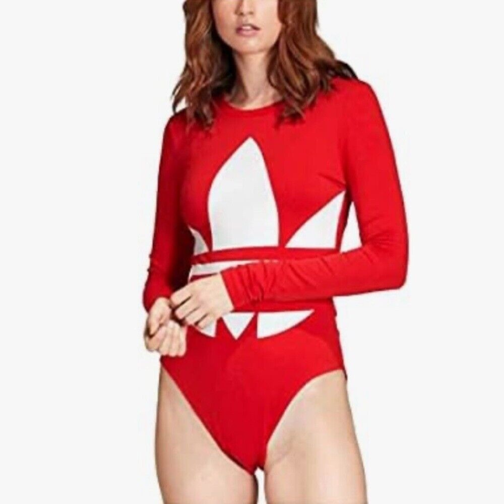 Adidas Originals Large Logo Bodysuit Long Sleeve T-Shirt in Lush Red/White Sz S