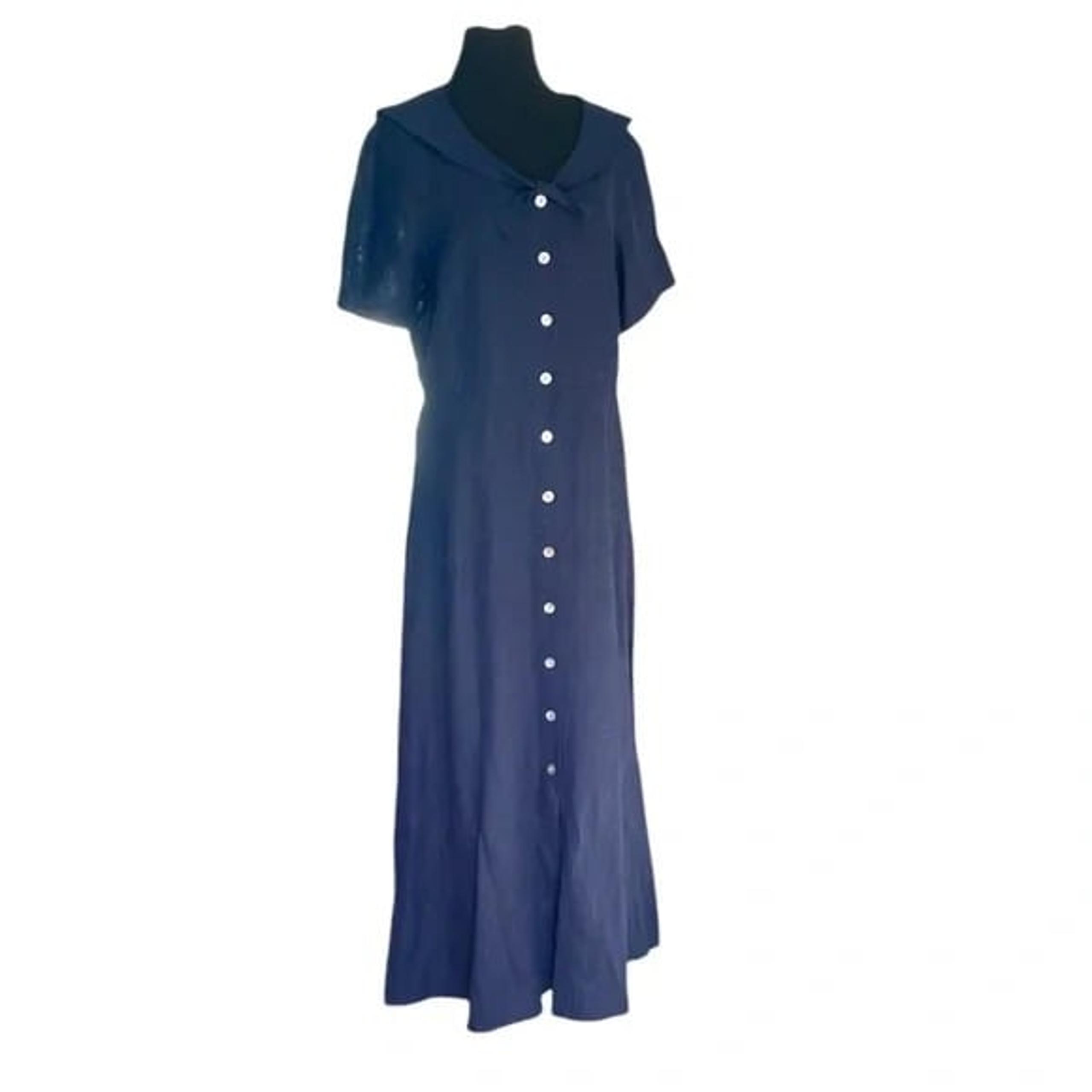 Vintage Carol Anderson California Linen Blue Sailor Collar Women's Maxi Dress LG