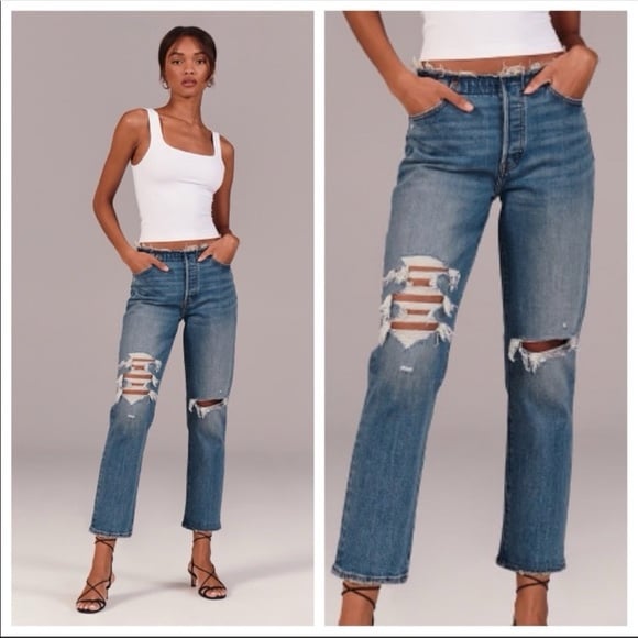 Abercrombie and Fitch The Boyfriend Mid Rise Button Fly Distressed Jeans