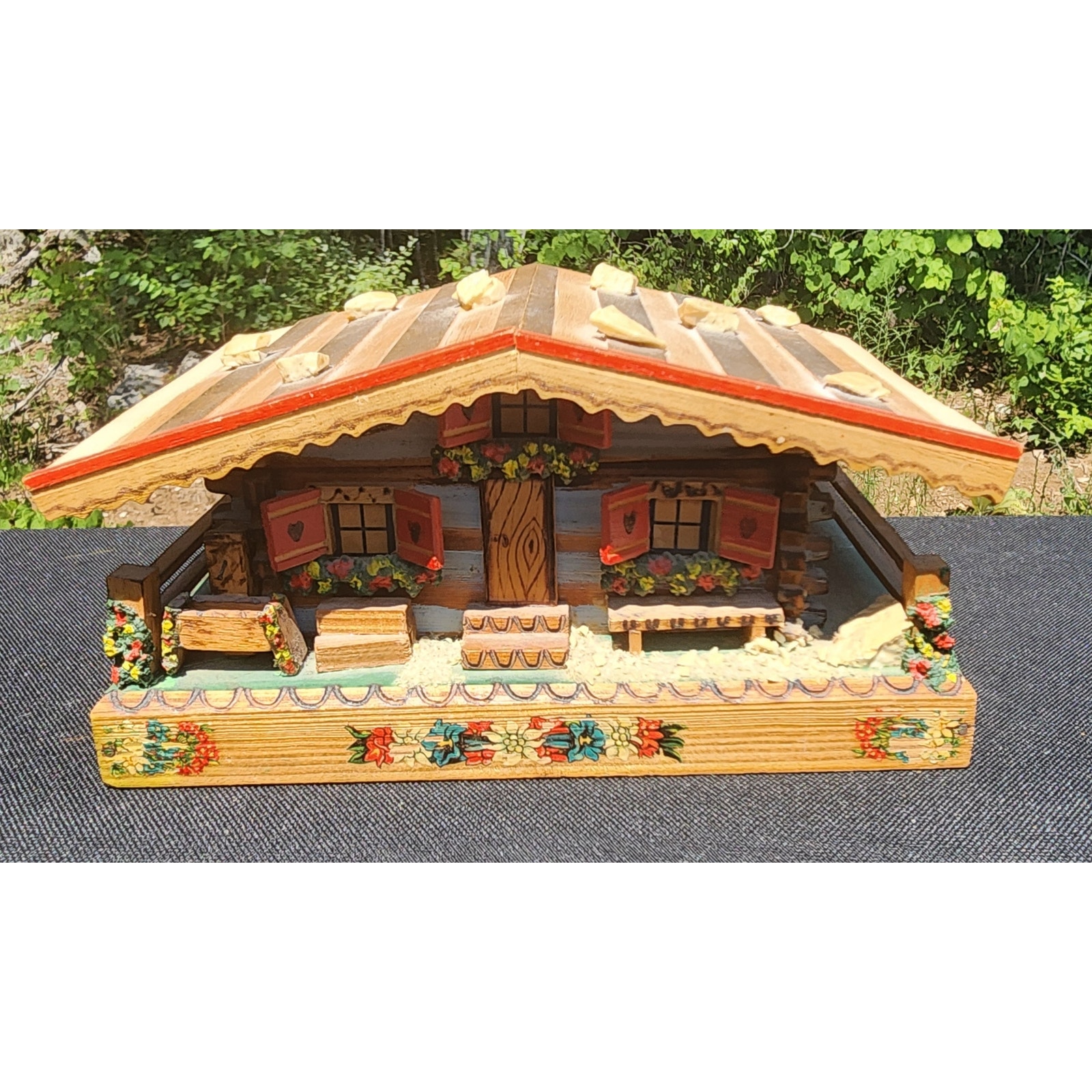 Vtg Reuge Music Box Wood Cabin House Swiss