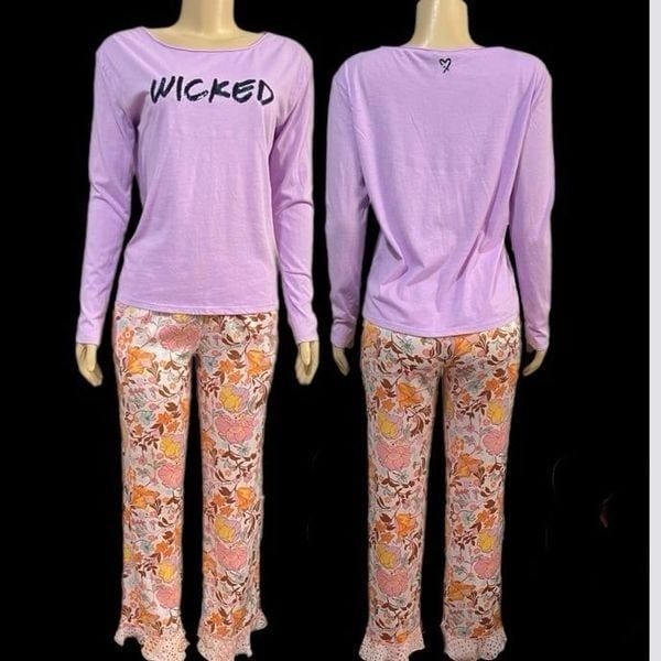 Victorias Secret Silky Satin floral pants & soft top Sequin WICKED pajama Set S