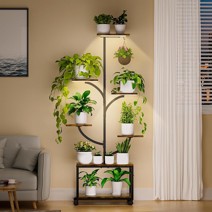 Plant Stand Indoor with Grow Lights, 7 Tiered Metal Plant Shelf with Wheels, 60