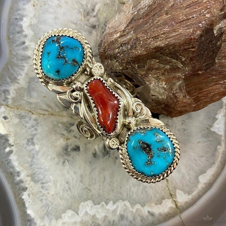 Silver Ray Sterling Silver Elongated Turquoise & Coral Ring Size 8 For Women