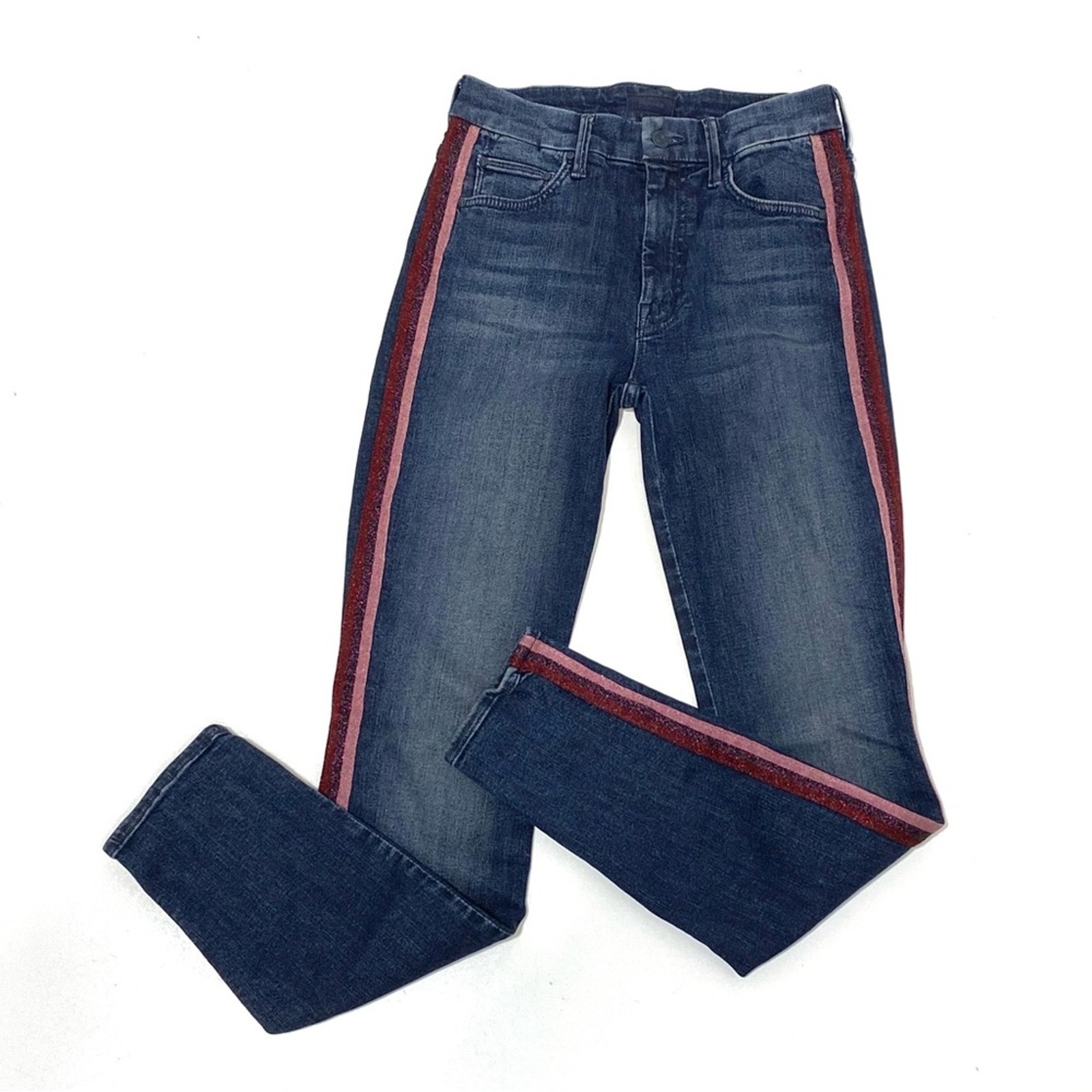 Mother High Waisted Looker Here Kitty, Kitty Glitter Racer Stripe Skinny Jeans