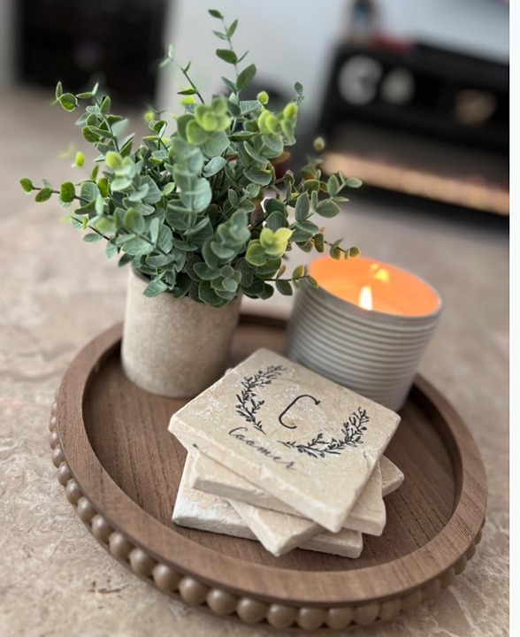 Round Wood Beaded Tray - White, Distressed, Farmhouse Rustic