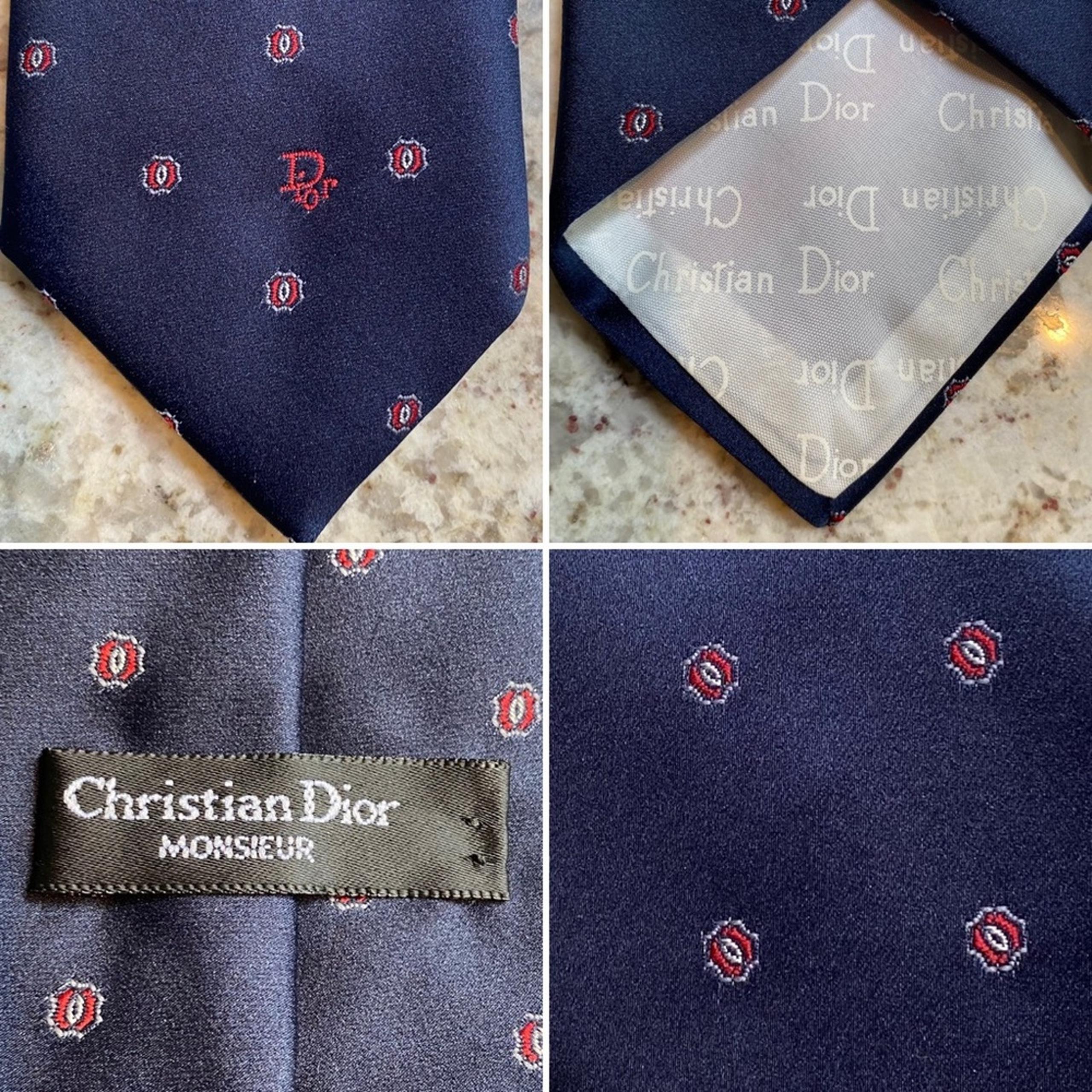 DIOR $210 Tie Dark Navy Blue Red Foulard EUC