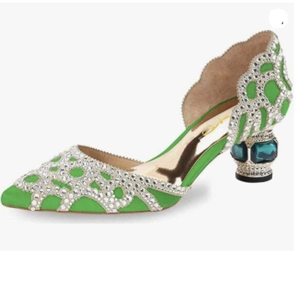 XYD Women's Pumps, Elegant Pointed Toe, D'Orsay Crystal Chunky Low Heels Green