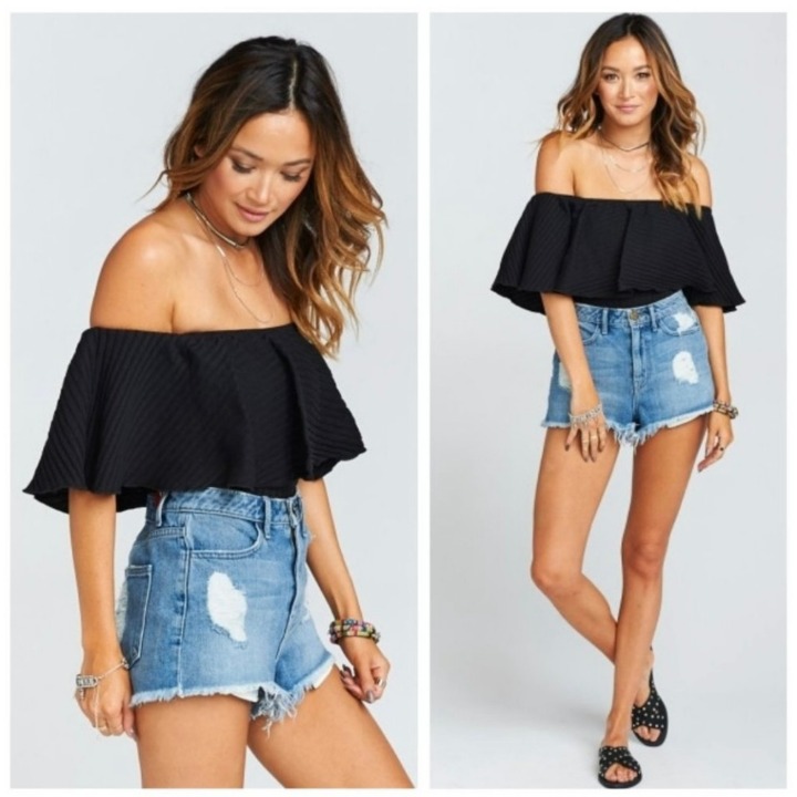 Show Me Your Mumu Ribbed Off the Shoulder Ruffle Bodysuit Black XS