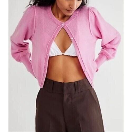 Free People 100% Cashmere Cardi Cardigan Sweater Pink Pearl Button Size M