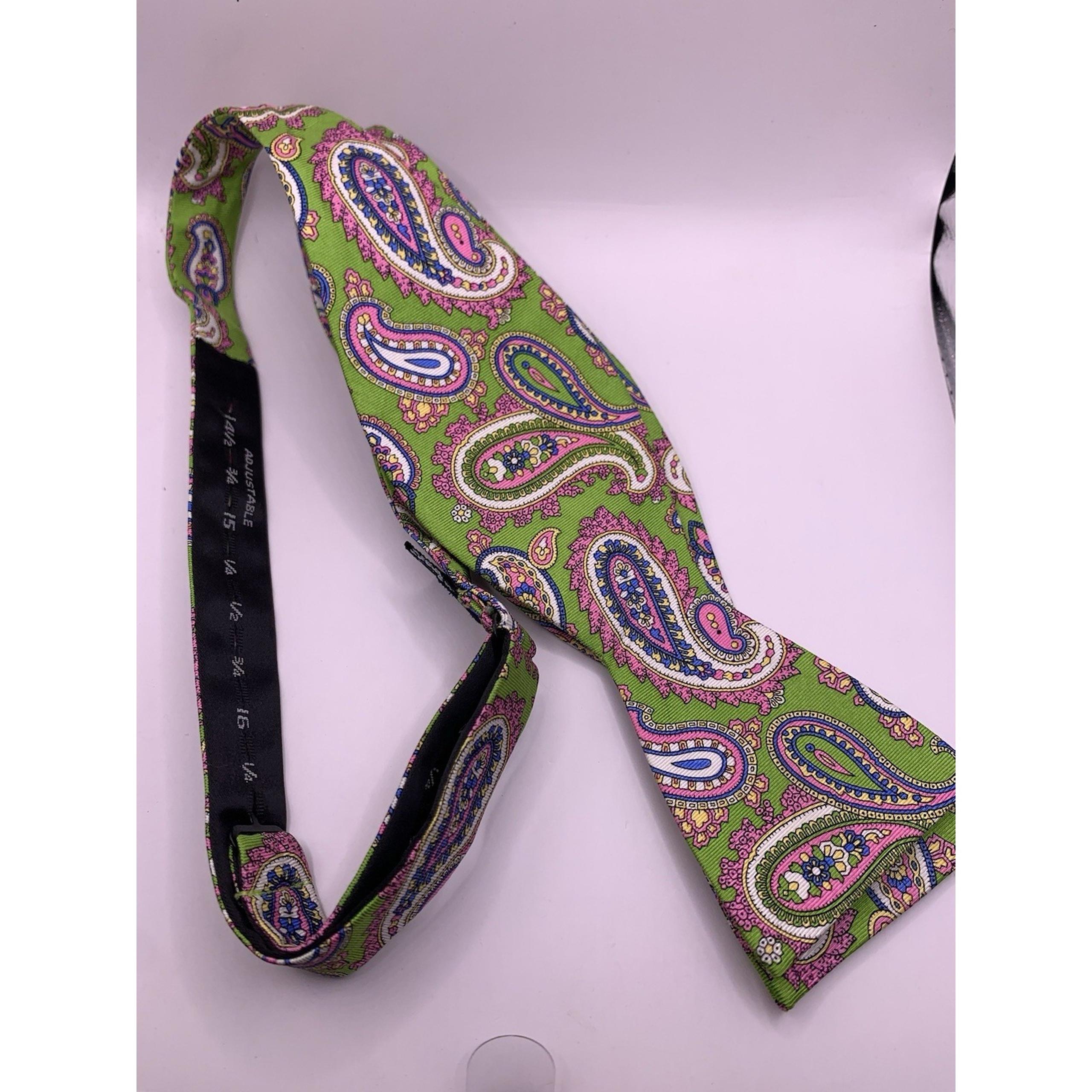 Mens Saddlebred 100% Silk Paisley Bow tie Adjustable  Pink & Green Preppy