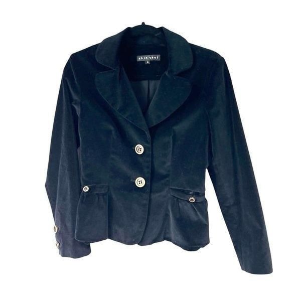 Shin Choi Black Velvet Pleated Back Two Button Closure Blazer